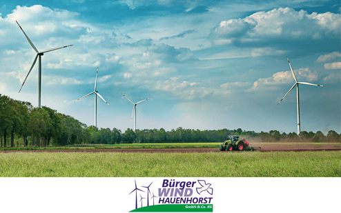 Landschaft mit Windrädern und einem Traktor, der auf einem Feld mit frischem Grün arbeitet, unter bewölktem Himmel.
