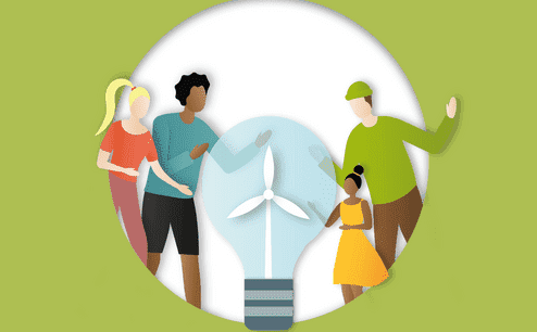 Vier Personen stehen um eine stilisierte Glühbirne mit Windrad. Die Szene symbolisiert nachhaltige Energie.