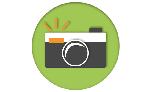 Symbol eines Kameras im Kreis auf grünem Hintergrund, mit orangefarbenen Blitzen und weißen Details.