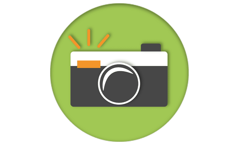 Symbol eines Kameras im Kreis auf grünem Hintergrund, mit orangefarbenen Blitzen und weißen Details.