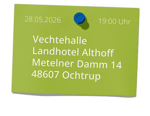 Grüne Notiz mit Angaben zu Datum, Uhrzeit und Adresse eines Events im Landhotel Althoff in Ochtrup.