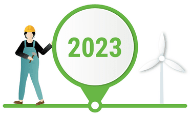 Illustration eines Bauarbeiters mit Helm, der eine Werkzeug und eine große Jahreszahl "2023" neben einem Windrad zeigt.