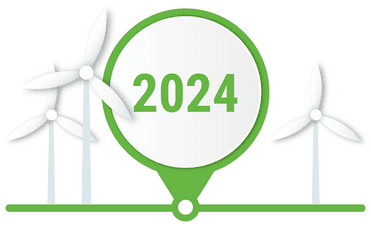 Grafik mit drei Windkraftanlagen, umgeben von einem grünen Kreis, der die Jahreszahl 2024 zeigt.