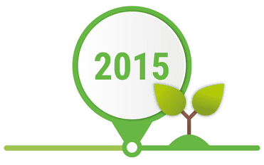 Jahreszahl 2015 in einem grünen Symbol, daneben ein junger Baum mit zwei Blättern.