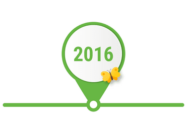 Jahresmarkierung 2016 in grün mit Schmetterling auf einer Grafik.