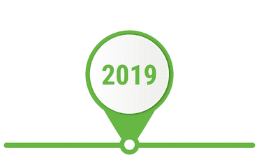 Jahresmarkierung 2019 in Form eines grünen Standortpins auf einer horizontalen Linie.