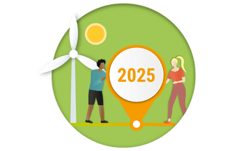 Illustration von zwei Personen neben einer Windkraftanlage, mit einer Jahreszahl „2025“ in der Mitte und Sonne im Hintergrund.