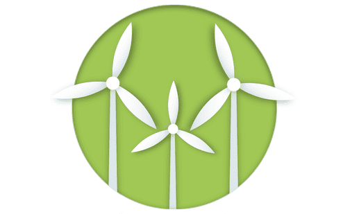Drei stilisierte Windturbinen vor einem grünen, kreisförmigen Hintergrund.