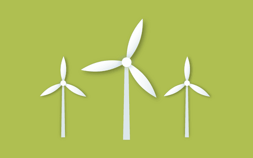 Drei stilisierte Windturbinen in weißer Farbe vor einem grünen Hintergrund.