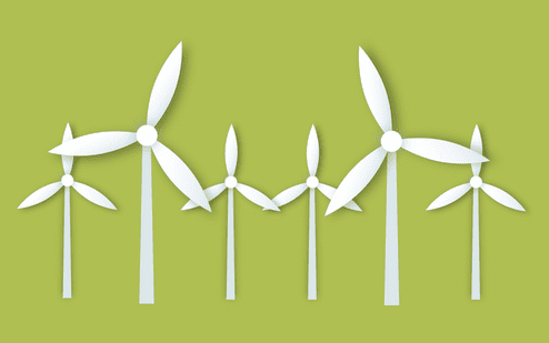 Grafik von sechs stilisierten Windkraftanlagen in Weiß vor grüner Hintergrundfläche.