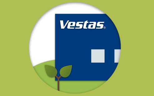 Logo von Vestas in blau mit weißen Fenstern, umgeben von grünen Blättern und einer sanften Landschaft.