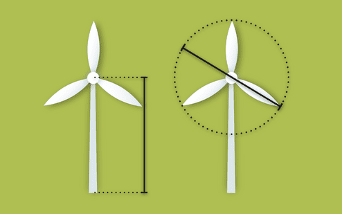Diagramm einer Windkraftanlage mit Maßstab und Umriss, auf grünem Hintergrund.