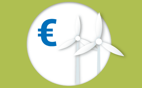 Grafik mit einem Euro-Zeichen neben zwei weißen Windrädern auf grünem Hintergrund.