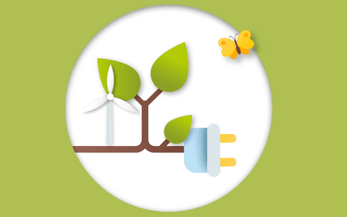 Grafische Darstellung eines Zweigs mit Blättern, einem Windrad und einem Steckdosenstecker, daneben ein gelber Schmetterling.