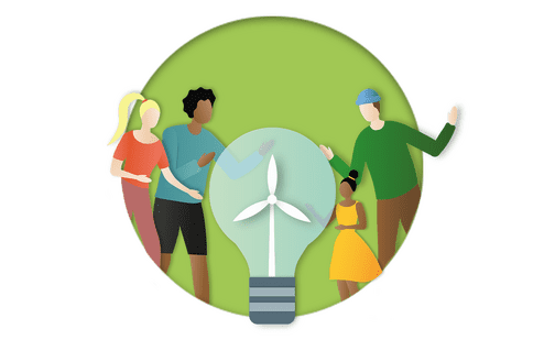 Vier Personen stehen um eine Glühbirne mit Windturbine-Symbol vor grünem Hintergrund und diskutieren.