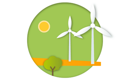 Papierdesign mit zwei Windkraftanlagen, einem Baum und einer Sonne auf grünem Hintergrund in kreisförmiger Darstellung.