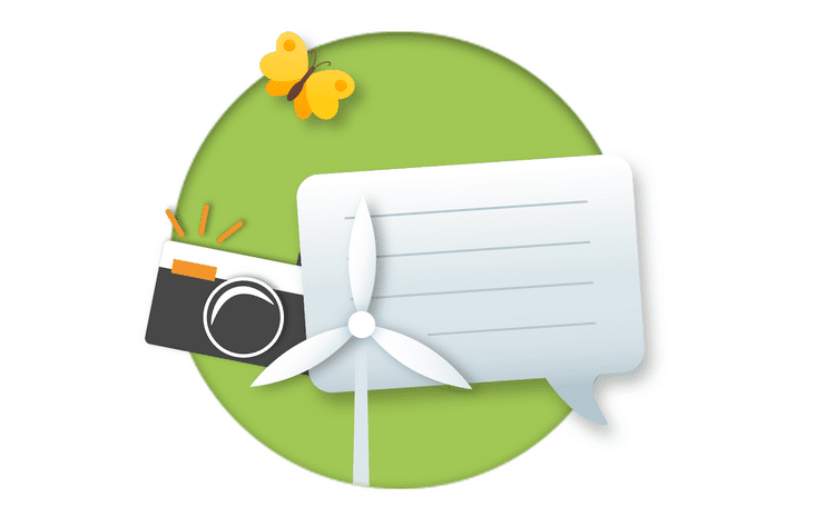 Grafik mit einer Kamera, einem Windrad und einer Sprechblase auf grünem Hintergrund, ergänzt von einem Schmetterling.