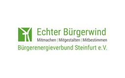Logo des Bürgerenergieverbands Steinfurt e.V. mit dem Schriftzug „Echter Bürgerwind“ und Symbol eines Windrads.