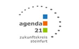Logo von Agenda 21, Zukunftskreis Steinfurt, mit blauen, orangefarbenen und grünen Quadraten sowie einem Punktmuster.